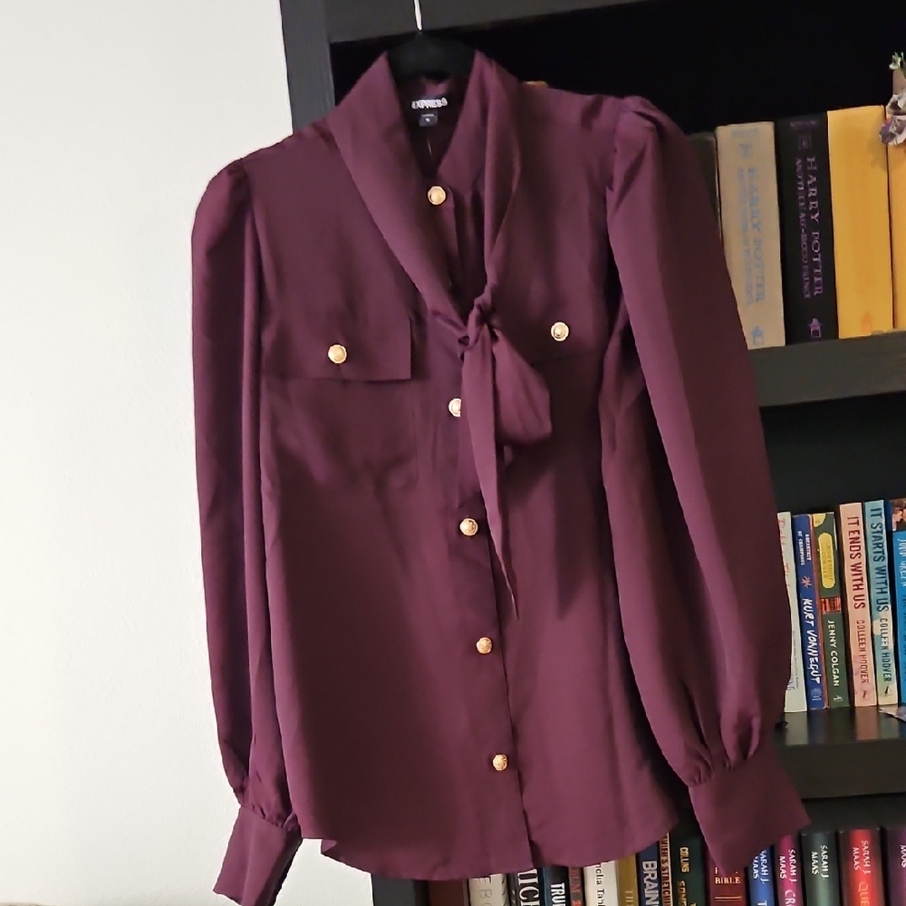 Express Women's Plum Balloon Sleeve Blouse with Gold Buttons